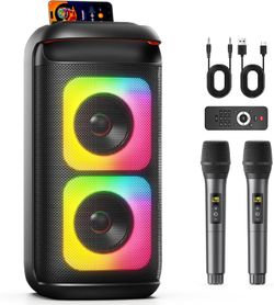 Karaoke Machine with 2 Wireless Microphones, Portable Bluetooth Karaoke for Adults, Powerful Dual 8" Subwoofer Karaoke Boombox, LED Lights, 3D Sound, 