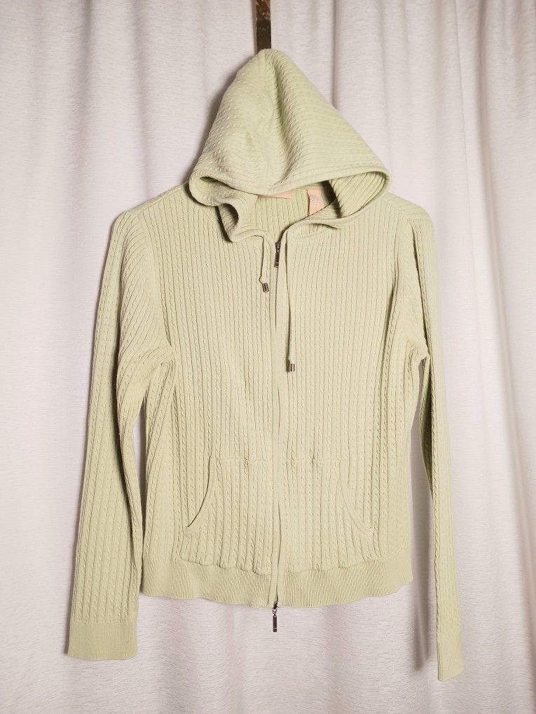 Kate Hill Ribbed Knitted Zip Up Hooded Jacket Pale Light Green Sz Petite Med 