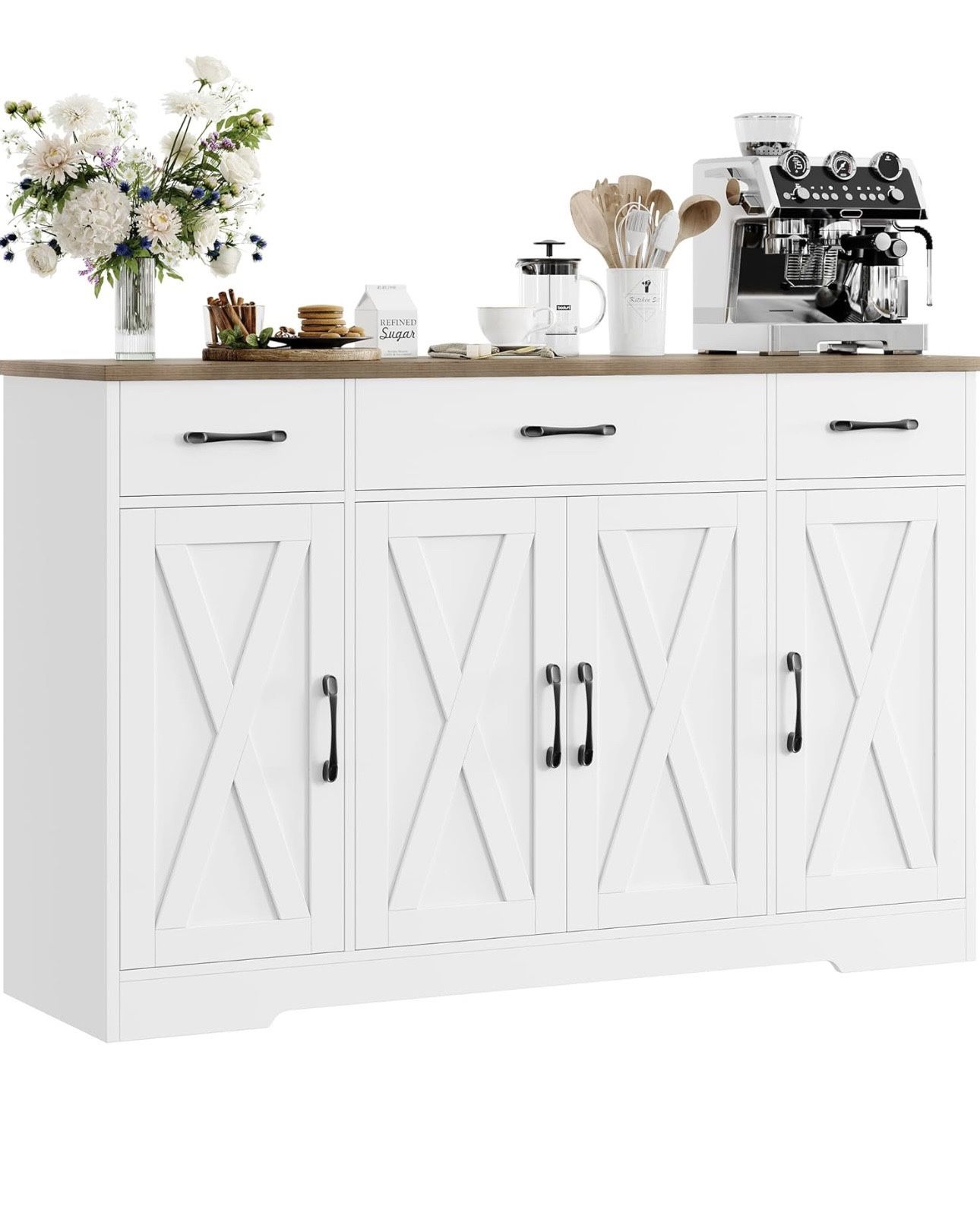 Buffet Cabinet with Drawers, 55" Large Sideboard Buffet Storage Cabinet with Shelves and Doors, Modern Farmhouse Coffee Bar Cabinet Wood Buffet Table