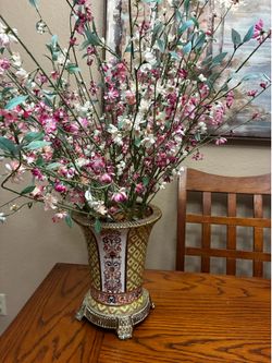 Vintage Chinese Cracked Porcelain Bronze/brass Trim Green Gold Trumpet Vase