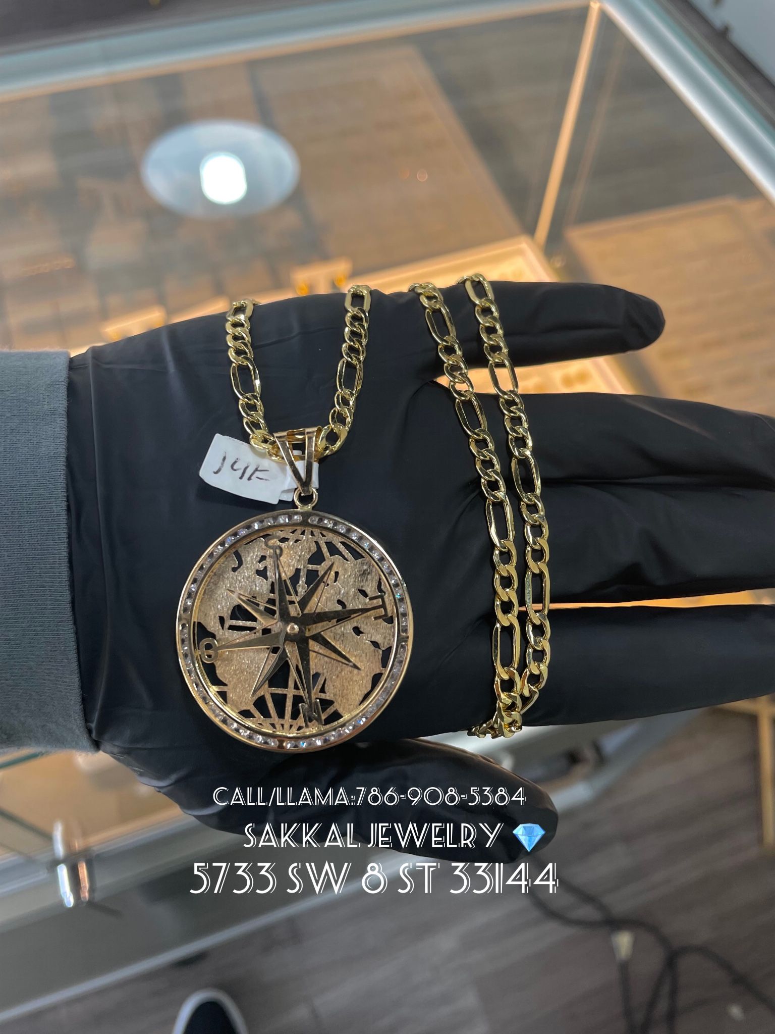 14K Gold Figaro Chain With Compass Pendant. Chain Style & Size Can Be Changed. May Finance Without Credit For $70