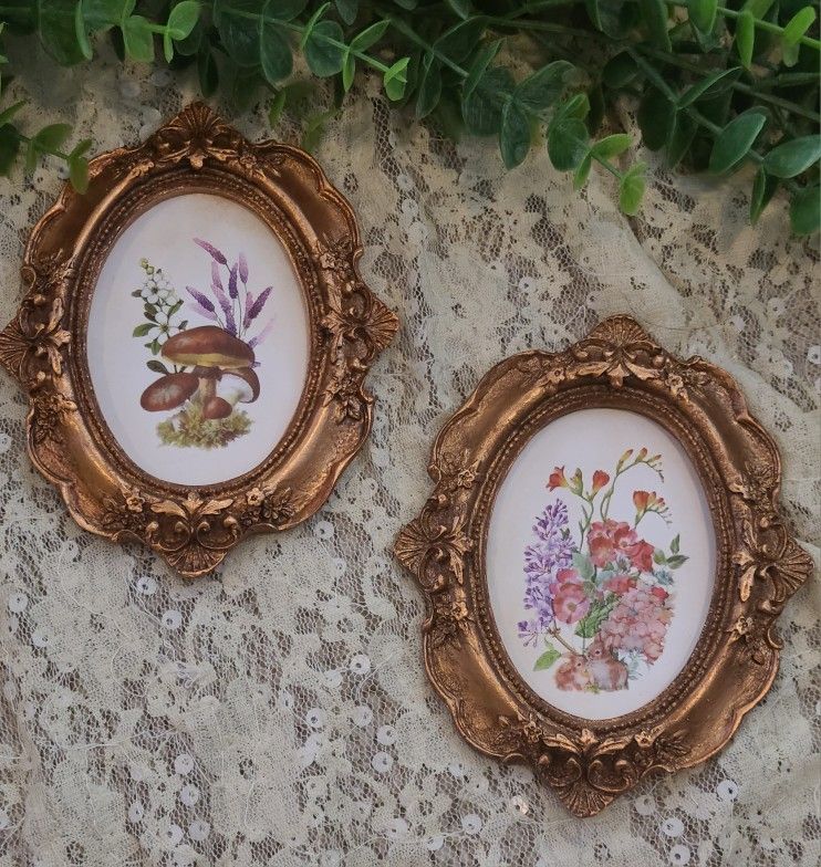 Wildflower And Mushroom Prints In Mini Baroque Frames
