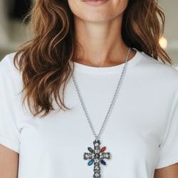 Avon 24" Filigree Cross Pendant Multi-Color Faux Stone Silver-toned Necklace Very Good Condition. This item is a vintage Avon silver- tone filigree cr