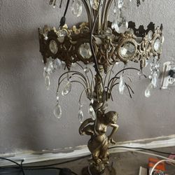 Vintage Brass Cherub Crystal Table Chandelier Lamp - Hollywood Regency Style