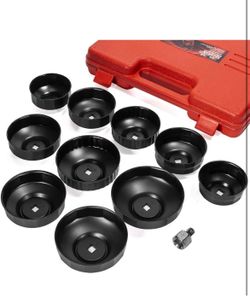 XtremepowerUS 10-Pieces Universal Oil Change Filter Cap Wrench Cup Socket 3/8" inch Square Drive Oil Canister Socket with Case, Red/Black45129/2