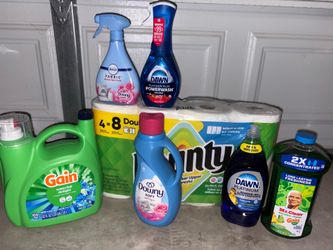 Gain detergent, bounty paper towels, dawn dish spray & soap, downy fabric softner & Mr clean
