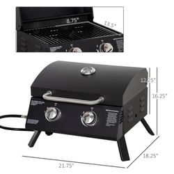 Outsunny 2 Burner Folding Tabletop Gas BBQ Grill w/ Lid, Thermometer, Carbon Steel, Black