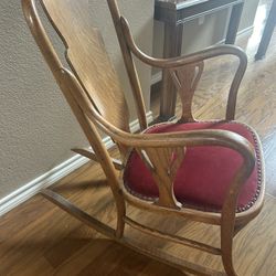 Early 1900 s Solid  Oak Wood Antique Rocking Chair. Red Velvet Seat Cushion   Brass Nailhead Trim OBO