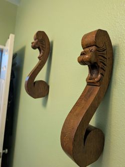Pair of Vintage Carved Wood Lion Head Corbels Chair Legs Wall decor