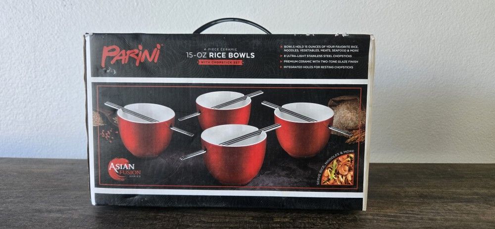 Parini Ceramic 15-oz Rice Bowls 8 SS Chopsticks Red Brand New Open Box Set 4
