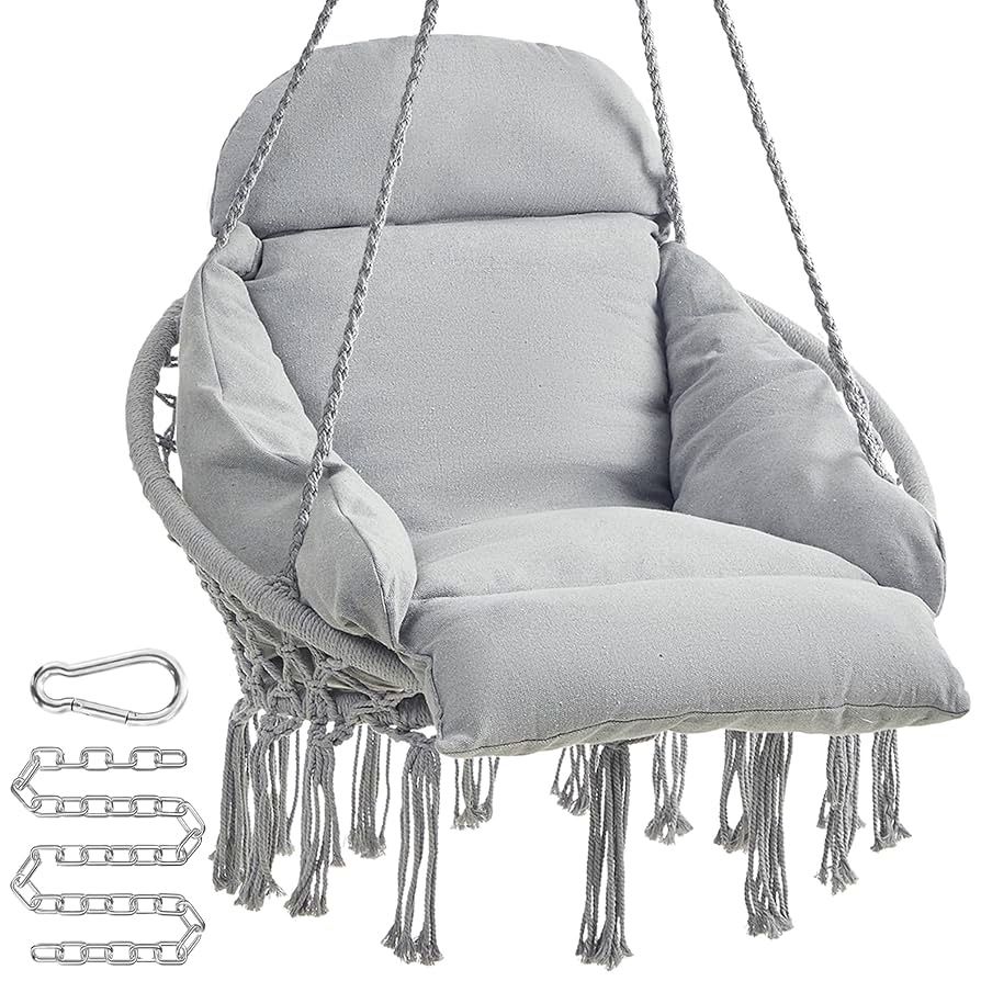 SONGMICS Hanging Chair, Hammock Chair with Large, Thick Cushion, Boho Swing Chair for Bedroom, Patio, Balcony, Garden, Holds up to 264 lb, Accessories