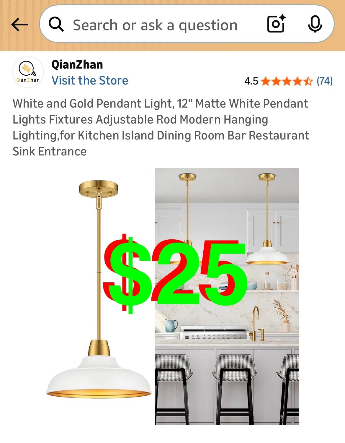 White and Gold Pendant Light, 12" Matte White Pendant Lights Fixtures Adjustable Rod Modern Hanging Lighting,for Kitchen Island Dining Room Bar Restau