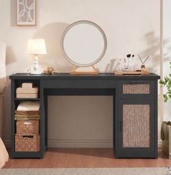 Black Farmhouse Rattan Computer Desk
