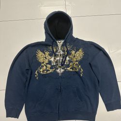 Vintage Avirex Zip Up Hoodie 2000s Gold Foil Eagle Crest Graphic – Size L – Rare Y2K Style