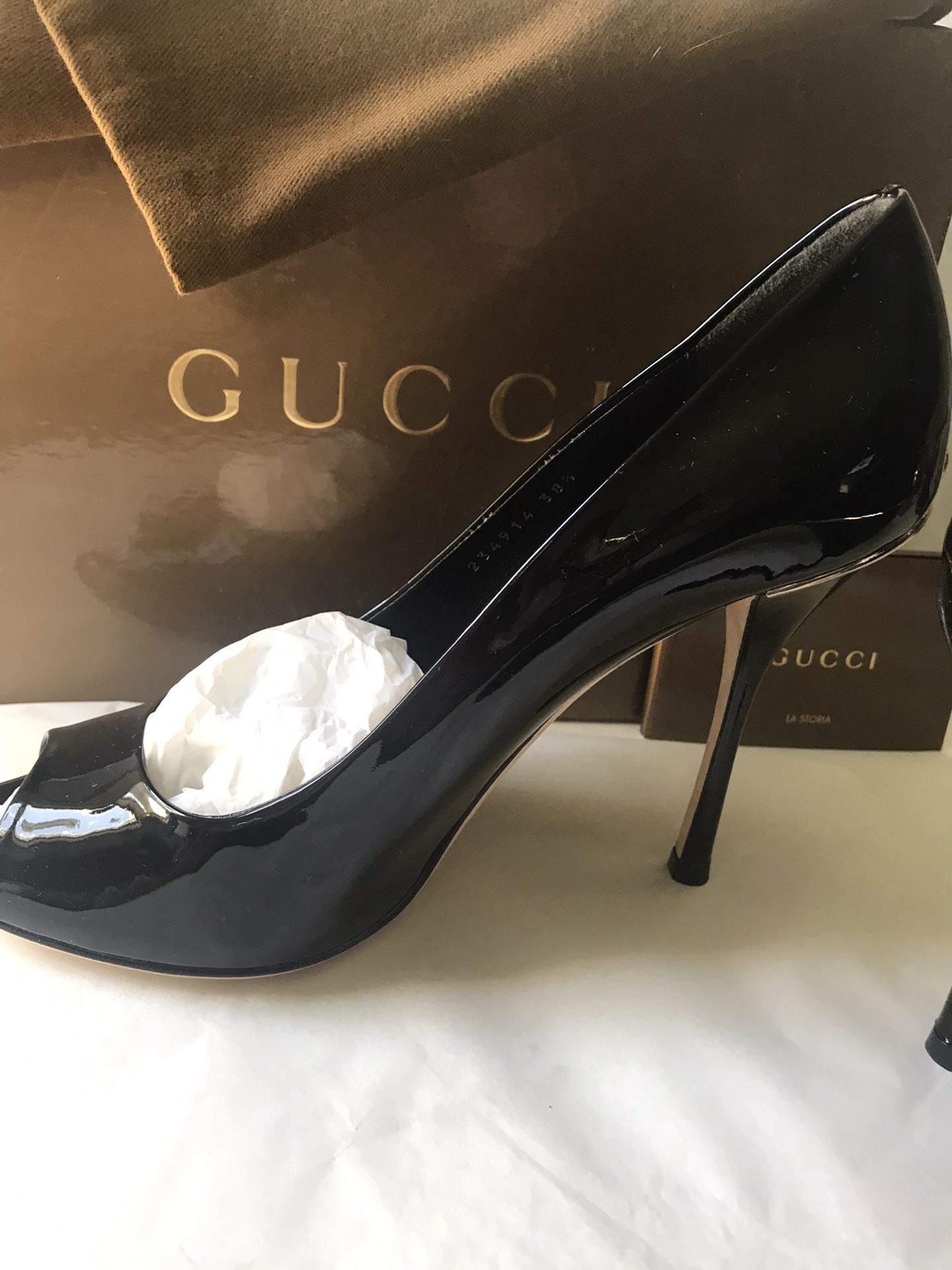 Auth Gucci Stiletto 38.5 Black  Leather Patton Open Toe Made In Italy NIB Dust Bags 