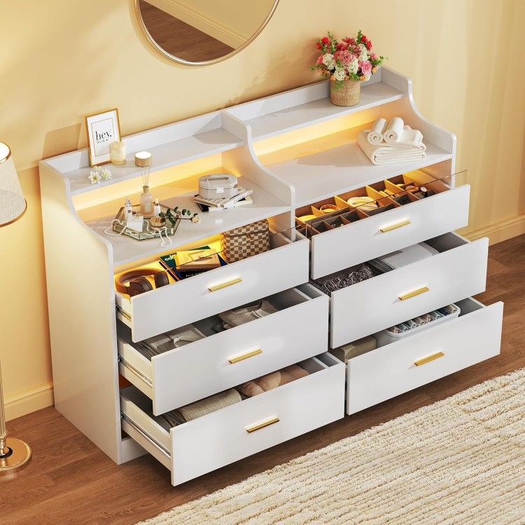 6 Drawer Dresser for Bedroom, 49''W White Dresser with LED Light, Chest of Drawers with Open Shelf Storage, Double Wide Modern Dresser Organizer for R