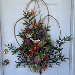 Faux Floral/Bird Arrangement Tropical-Motif Wreath