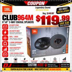 JBL Car Speakers Set 255 Watts 6x9" 3-Way Coaxial Speaker System Club 964M 🚨 Payment Options Available 🚨