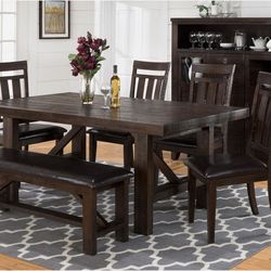 6 PIECE DINING TABLE SET (CHAIRS, BENCH)