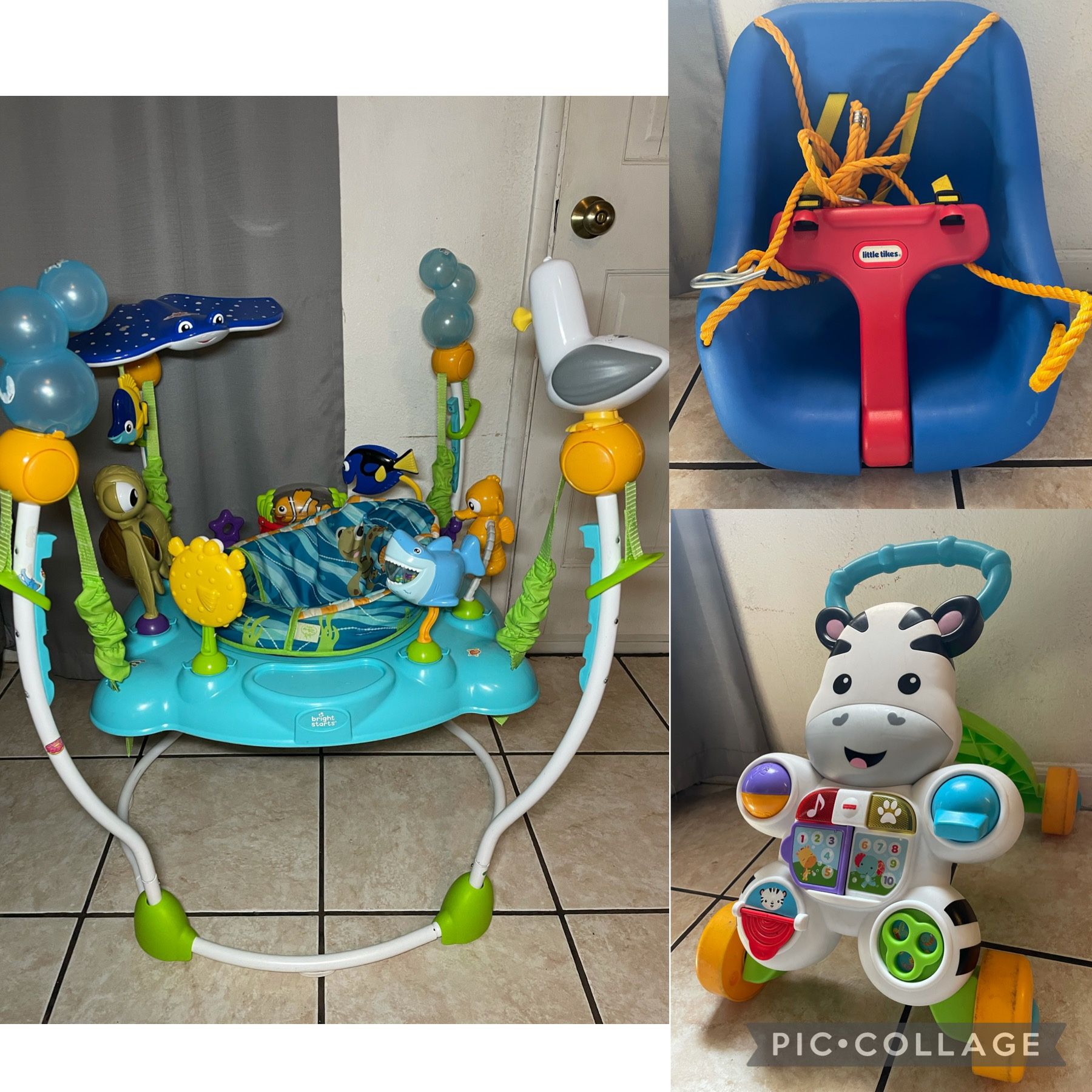 Finding Nemo Sea of Activities Jumper + Fisher Price Zebra Walker + Little Tikes Swing 