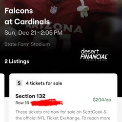 4 tickets to Arizona Cardinals vs Atlanta Falcons game - $145 per ticket - Dec 21 - COST PRICE NEAR CENTER
