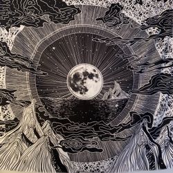 Moon Tapestry Black & White Moon Mountain Wall Art