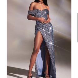 Stunning midnight blue off the shoulder fitted dress/Prom/ party / glam / formal occasion dress / SIZE 10