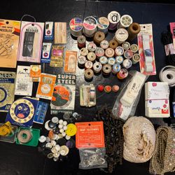 Vintage Sewing Notions 32 Spools of Thread Needles Thimbles Straight Pins Measuring Tapes Zipper Elastic Snaps Fasteners Trim