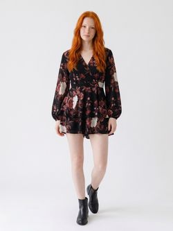 Black and brown floral V-neck long balloon sleeve romper, size 2XL plus