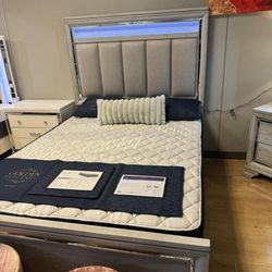 AP🎉Gray LED Upholstered Panel Bedroom Set- 4-Piece (Bed, Dresser, Mirror, Nightstand) Financing & Delivery 
