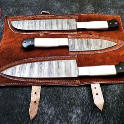 3 Pcs Handmade Damascus Steel Chef Knives Set Comes With Leather Covering 