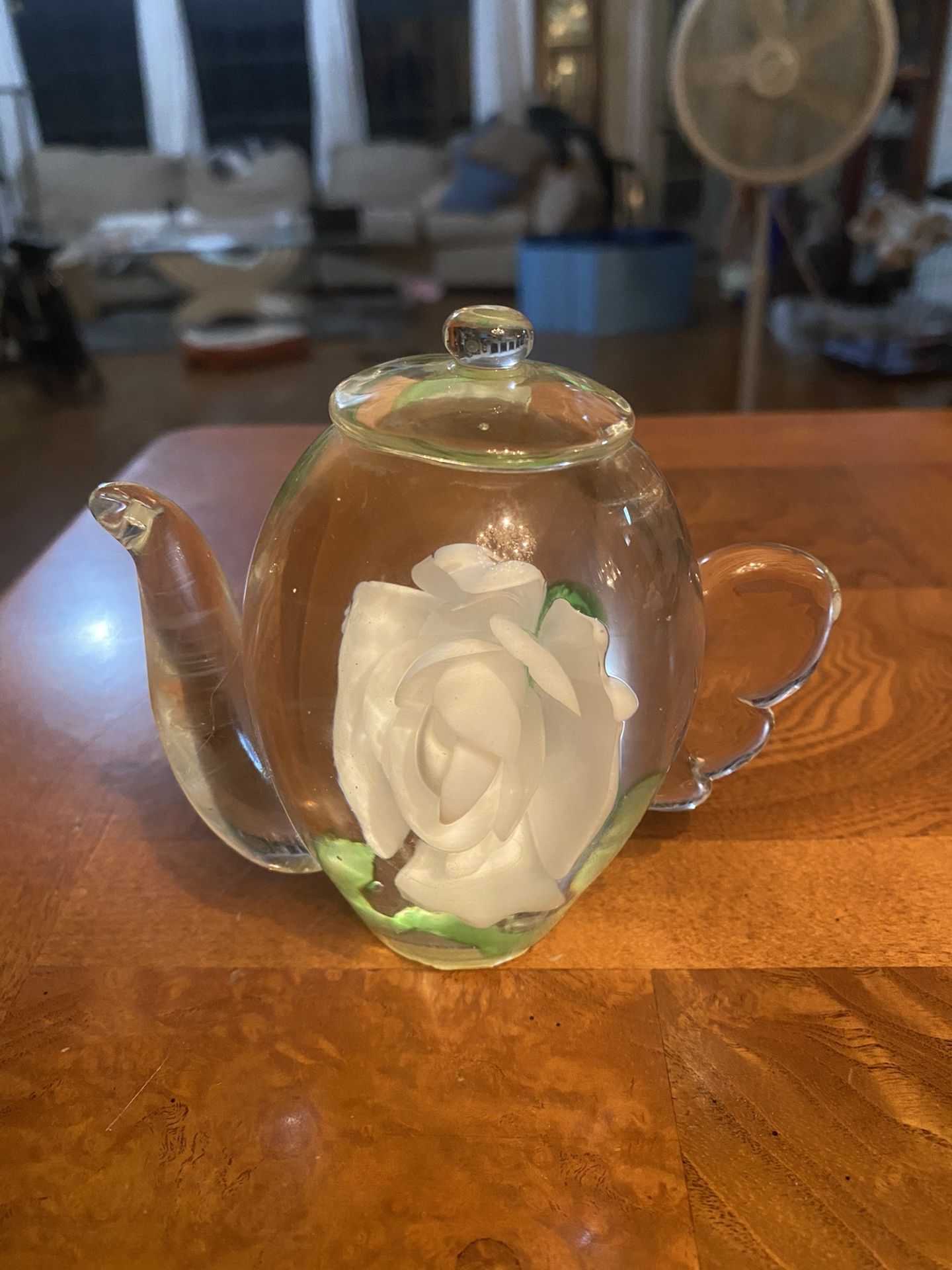 Dynasty Gallery Art Glass Teapot with White Rose Paperweight