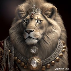 Majestic Royal Queen Lion Crown jewelry Portrait Digital Paintings Printable Wall Art. Canvas or poster