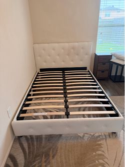 White Upholstered Full Bed Frame – Tufted Headboard