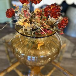 Mid Century  Amber Globe Vase W/ Original Acrylic Flowers/ Home Decor  