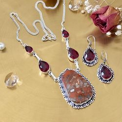 Red Jasper And Garnet 925 Sterling Silver Overlay Handcrafted Necklace And Earrings Set