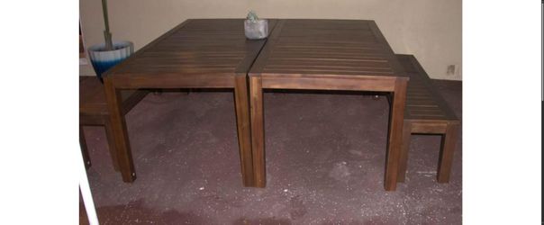Outdoor Dining Set - 2 Wood Tables + 2 Benches