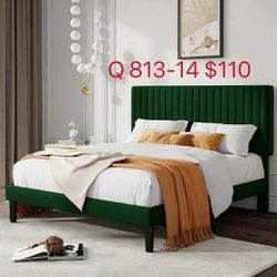 Queen Size Velvet Upholstered Platform Bed Frame,Green(813-14)