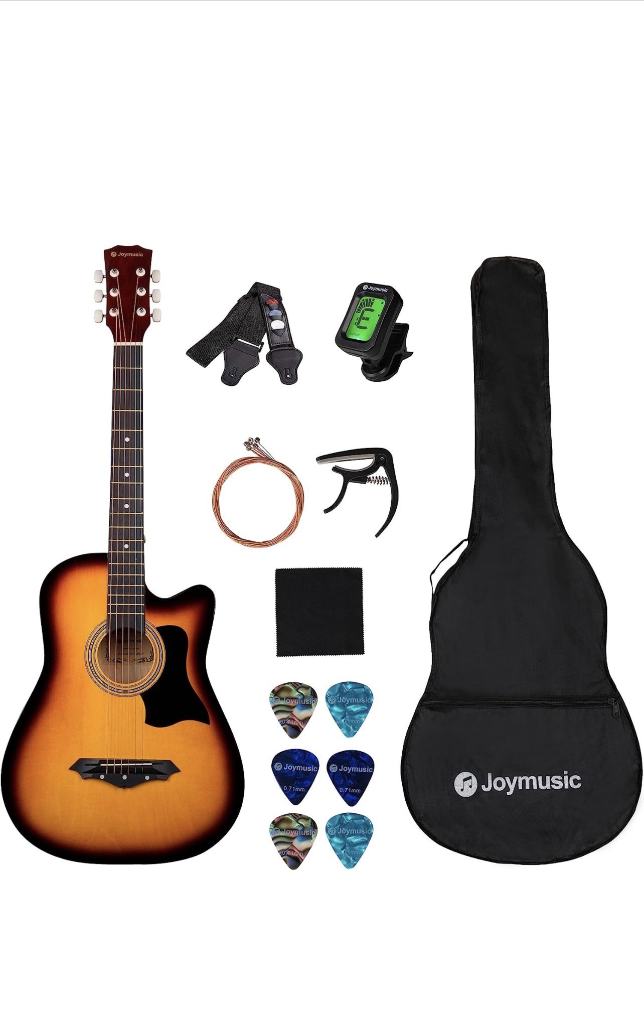 Joymusic 38 inch blueburst beginner acoustic guitar kit,bundle with a strap with picks holder, digital tuner, set strings, capo,cleaning cloth,6 picks