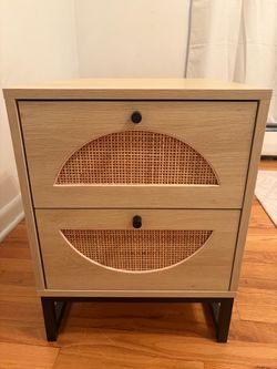 Modern Oak Finish Nightstand with Rattan Inlay