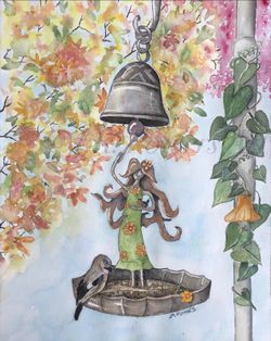 Whimsical Bird Feeder Watercolor Print, Garden Art, Bird Feeder Art, Bird Art, J.R. Powers Art, Whimsical Art