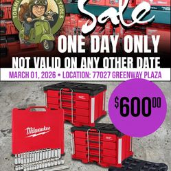 ONE DAY ONLY: Milwaukee PACKOUT Dolly, (2) 4-Drawer Boxes & 56 PC 3/8" tool set