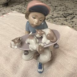 Lladro “Little Riders” Boy With Skateboard And 3 Kittens- Retired 