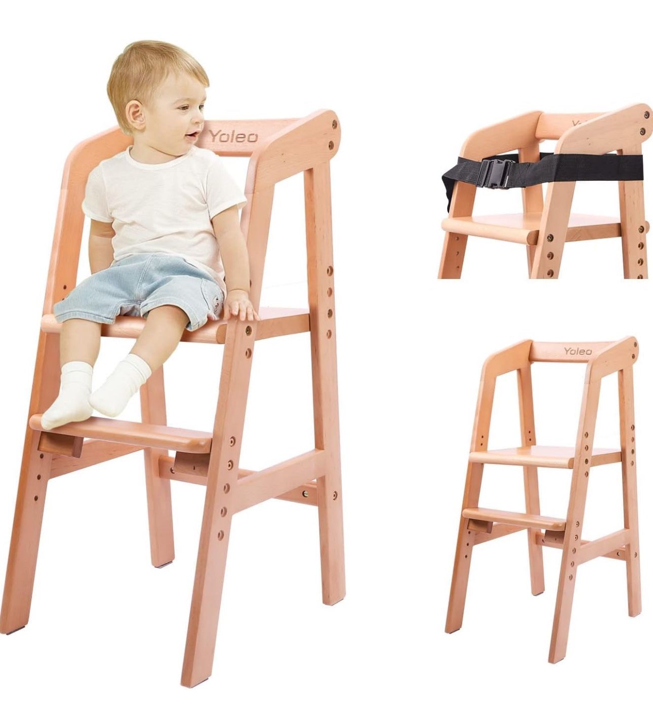 NEW YOLEO High Chair Wooden for Toddlers Junior Childs, Sturdy Durable Dining Feeding Chair with Steps Grows with Child, Max 60kg (Natural Color)