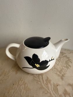 Vintage 1980s Postmodern Ceramic Teapot – Black Floral w/ Black Lid