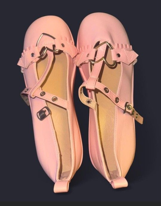 Pink faux leather Mary Jane (dupe?) platform shoes with heart buckles and bat wings