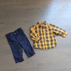 Old Navy Baby Boy's Outfit, Long Sleeve Plaid Shirt + Pants, 6-12 Months