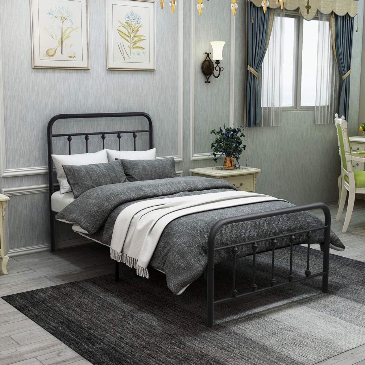 Metal Twin Bed Frame with Vintage Headboard and Footboard 