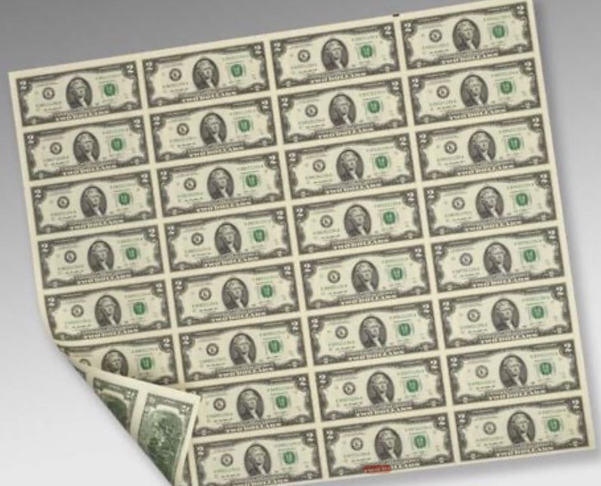 2 Two Dollar Bills Uncut Currency Sheet of 32 Notes 2013 Dallas Texas - $64