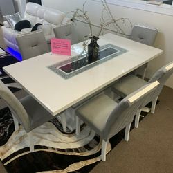 Luxury White Dining Set w/ Sparkle Inlay Table + 6 Chairs